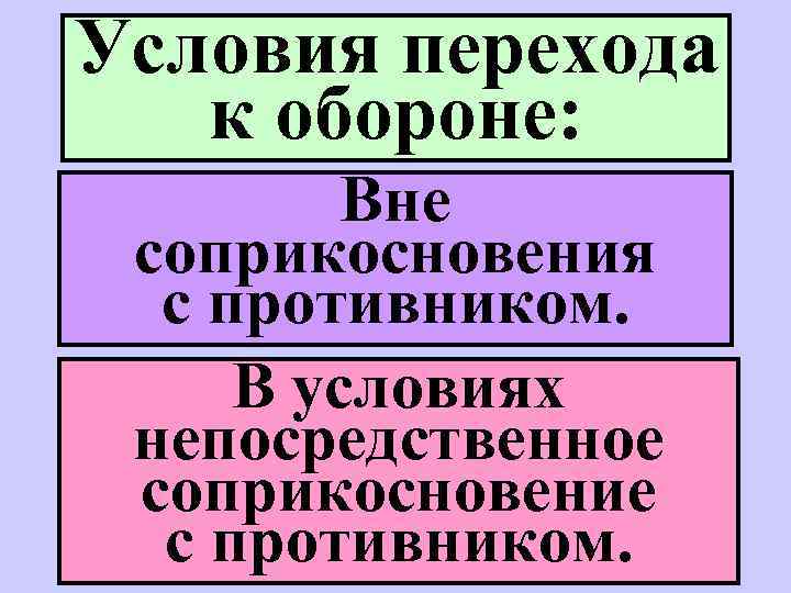 Условия перехода к обороне: Вне соприкосновения с противником. В условиях непосредственное соприкосновение с противником.