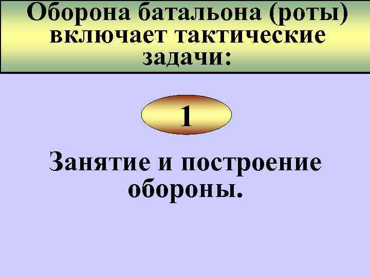 Оборона батальона (роты) включает тактические задачи: 1 Занятие и построение обороны. 