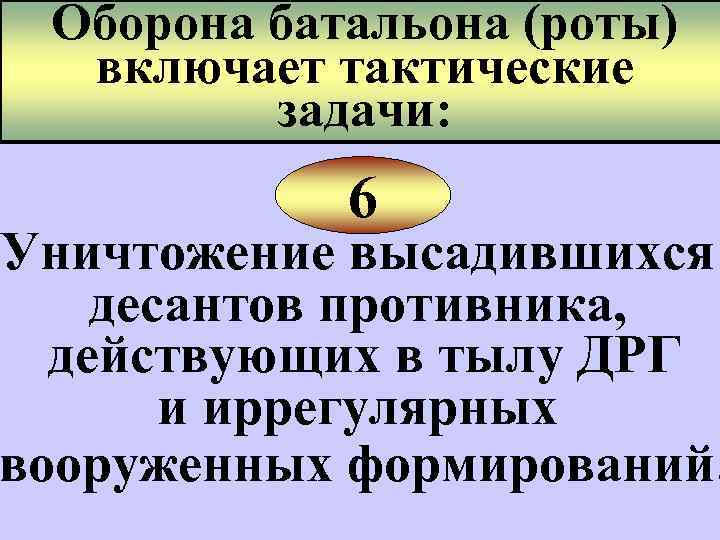 Оборона батальона (роты) включает тактические задачи: 6 Уничтожение высадившихся десантов противника, действующих в тылу