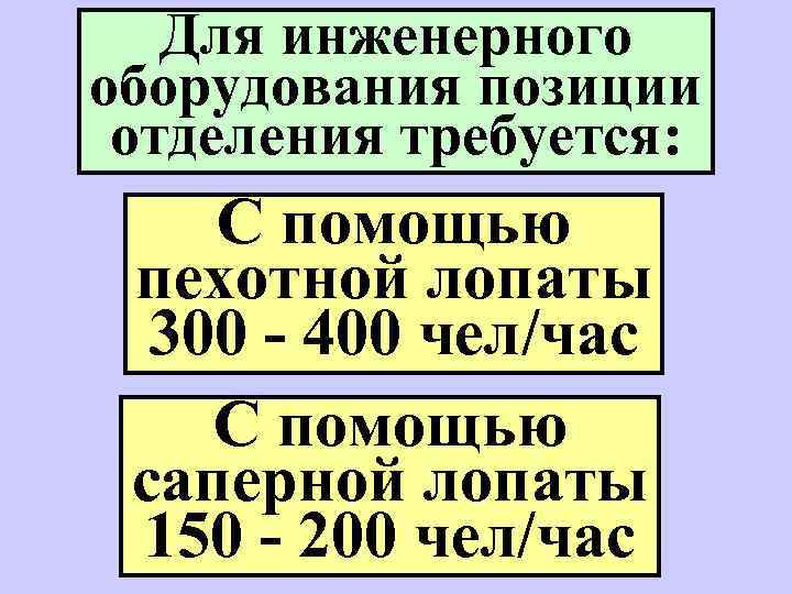 Для инженерного оборудования позиции отделения требуется: С помощью пехотной лопаты 300 - 400 чел/час