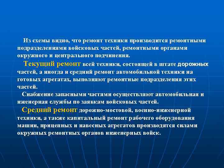 Из схемы видно, что ремонт техники производится ремонтными подразделениями войсковых частей, ремонтными органами окружного