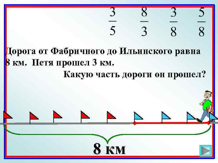 Дорога от Фабричного до Ильинского равна 8 км. Петя прошел 3 км. Какую часть