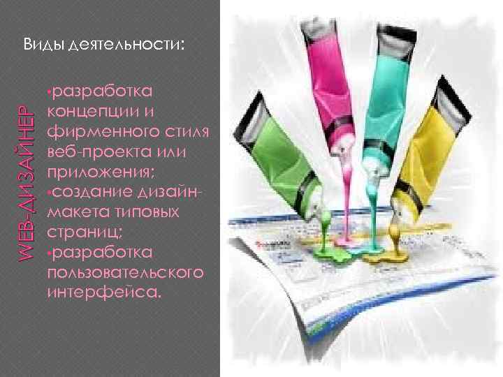 Виды деятельности: WEB-ДИЗАЙНЕР • разработка концепции и фирменного стиля веб-проекта или приложения; • создание