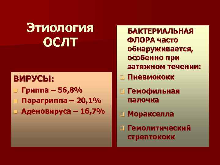 Этиология ОСЛТ ВИРУСЫ: Гриппа – 56, 8% n Парагриппа – 20, 1% n Аденовируса