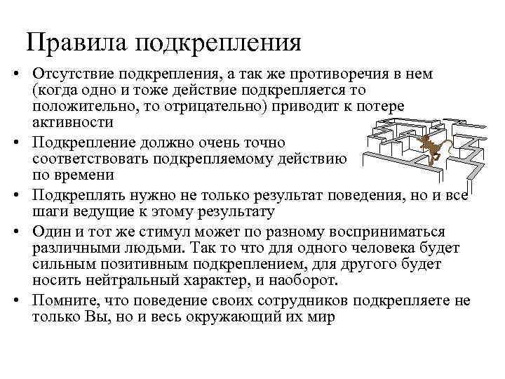 Правила подкрепления • Отсутствие подкрепления, а так же противоречия в нем (когда одно и