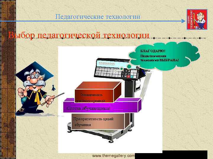 Педагогические технологии Выбор педагогической технологии 55555 Оснащенность учебного процесса Состав обучающихся Приоритетность целей обучения