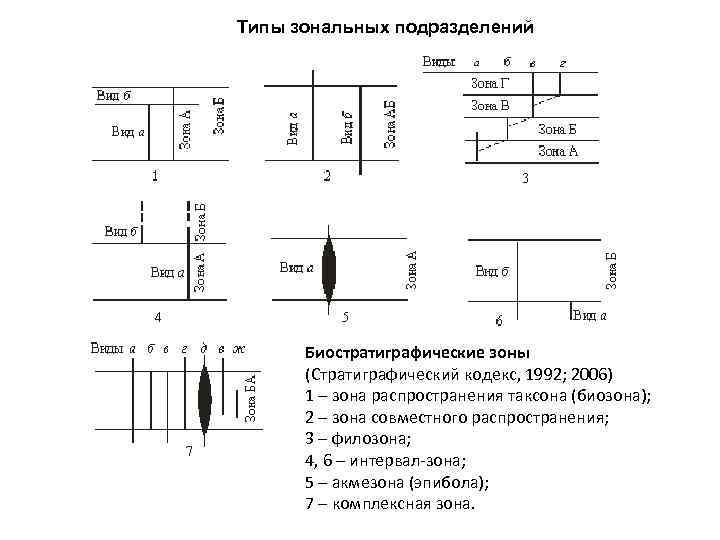 Типы зональных подразделений Биостратиграфические зоны (Стратиграфический кодекс, 1992; 2006) 1 – зона распространения таксона