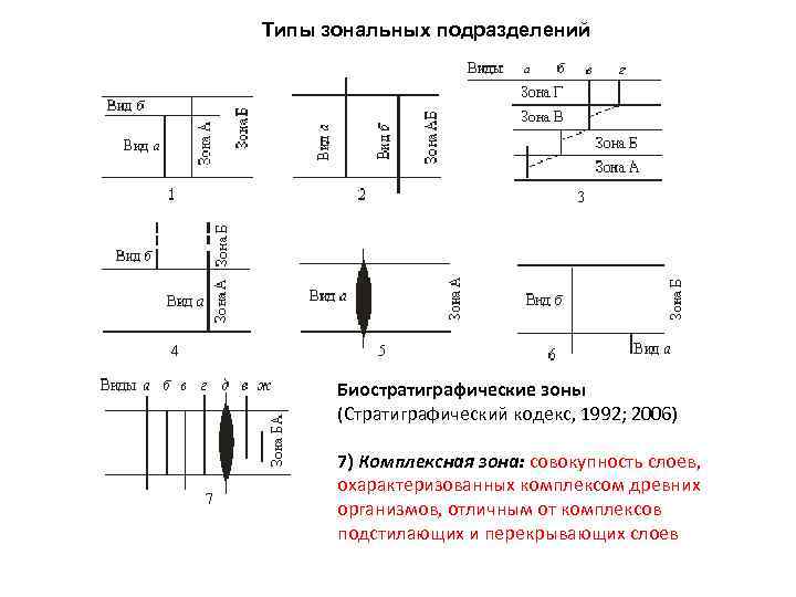Типы зональных подразделений Биостратиграфические зоны (Стратиграфический кодекс, 1992; 2006) 7) Комплексная зона: совокупность слоев,