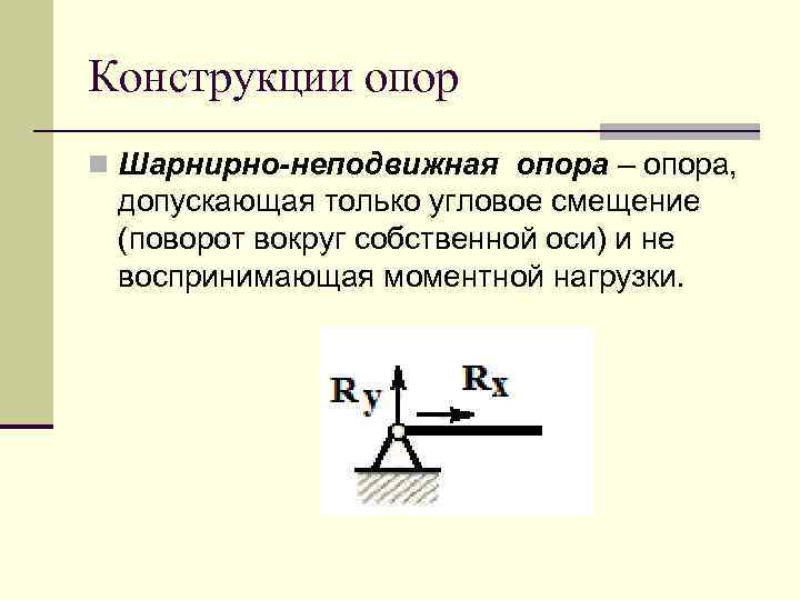 Конструкции опор n Шарнирно-неподвижная опора – опора, допускающая только угловое смещение (поворот вокруг собственной