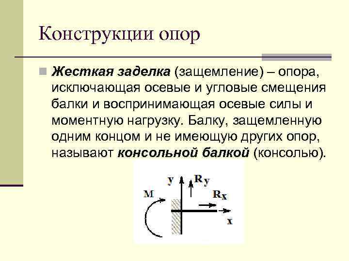 Конструкции опор n Жесткая заделка (защемление) – опора, исключающая осевые и угловые смещения балки