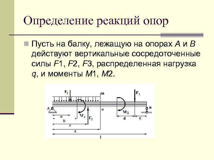 Определение реакций опор n Пусть на балку, лежащую на опорах А и В действуют