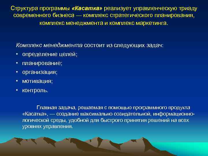 Структура программы «Касатка» реализует управленческую триаду современного бизнеса — комплекс стратегического планирования, комплекс менеджмента