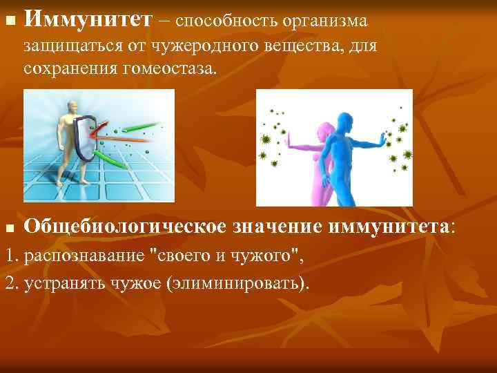 n Иммунитет – способность организма защищаться от чужеродного вещества, для сохранения гомеостаза. n Общебиологическое
