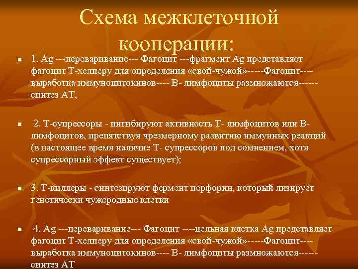 n Схема межклеточной кооперации: 1. Ag ---переваривание--- Фагоцит ---фрагмент Ag представляет фагоцит Т-хелперу для