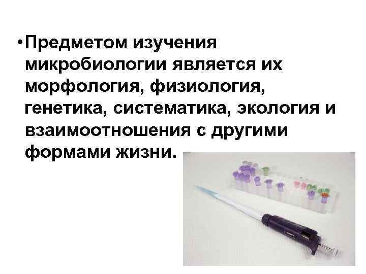  • Предметом изучения микробиологии является их морфология, физиология, генетика, систематика, экология и взаимоотношения