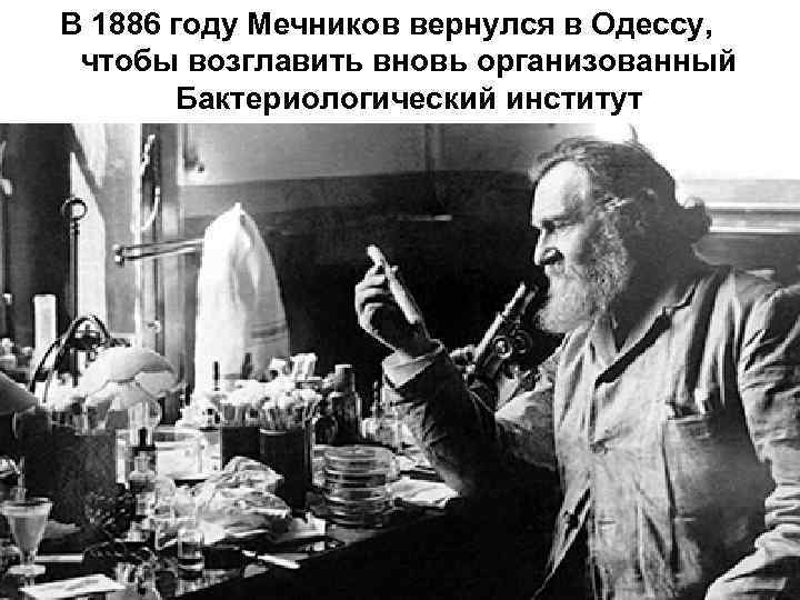 В 1886 году Мечников вернулся в Одессу, чтобы возглавить вновь организованный Бактериологический институт 