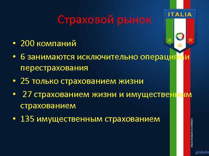 Страховой рынок • 200 компаний • 6 занимаются исключительно операциями перестрахования • 25 только