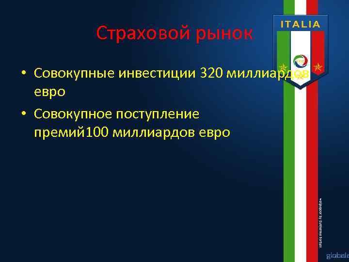 Страховой рынок • Совокупные инвестиции 320 миллиардов евро • Cовокупное поступление премий 100 миллиардов