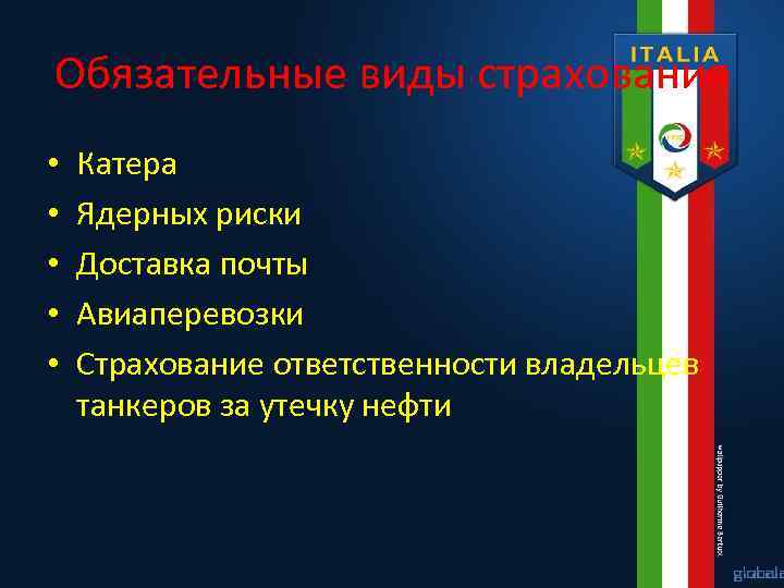 Обязательные виды страхования • • • Катера Ядерных риски Доставка почты Авиаперевозки Страхование ответственности