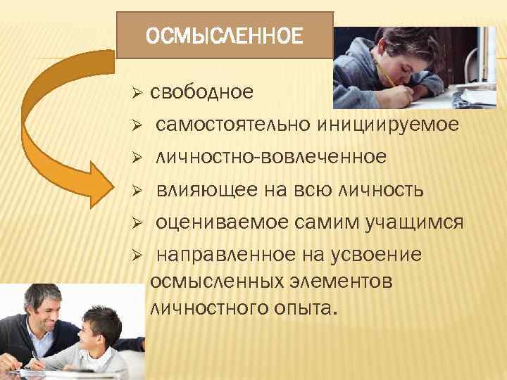 ОСМЫСЛЕННОЕ свободное Ø самостоятельно инициируемое Ø личностно-вовлеченное Ø влияющее на всю личность Ø оцениваемое