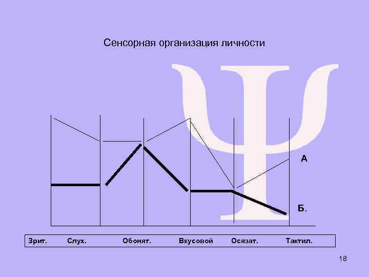 Сенсорная организация личности А Б. Зрит. Слух. Обонят. Вкусовой Осязат. Тактил. 18 