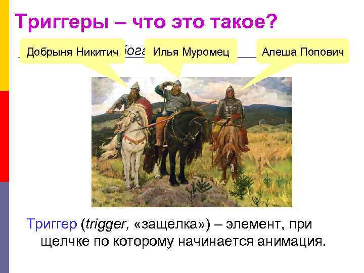 Триггеры – что это такое? Щелкните по богатырю… Добрыня Никитич Илья Муромец Алеша Попович