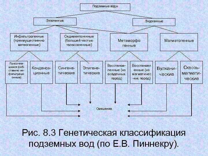 Подземные воды Экзогенные Инфильтрогенные (преимущественно метеогенные) Просочившиеся (собственно инфильтрационные) Конденсационные Эндогенные Седиментогенные (большей частью