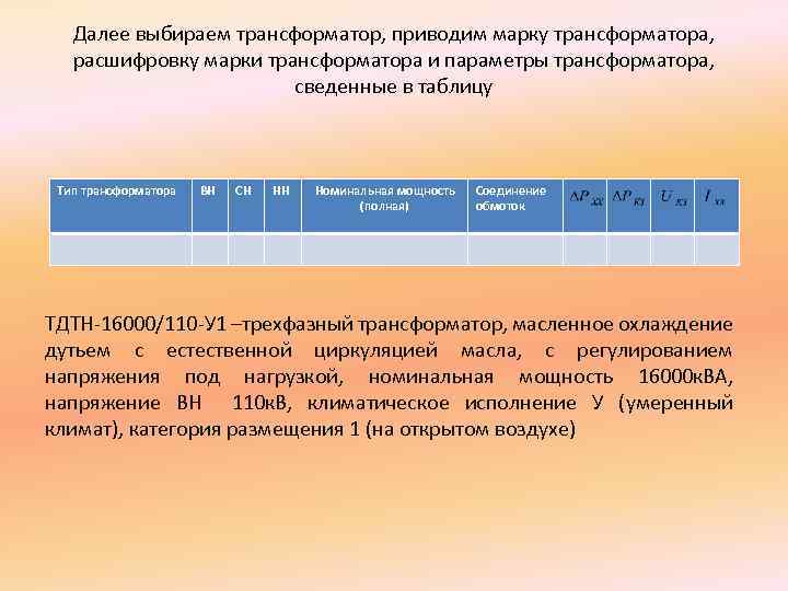 Далее выбираем трансформатор, приводим марку трансформатора, расшифровку марки трансформатора и параметры трансформатора, сведенные в