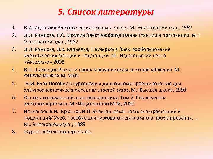 5. Список литературы 1. 2. 3. 4. 5. 6. 7. 8. В. И. Идельчик