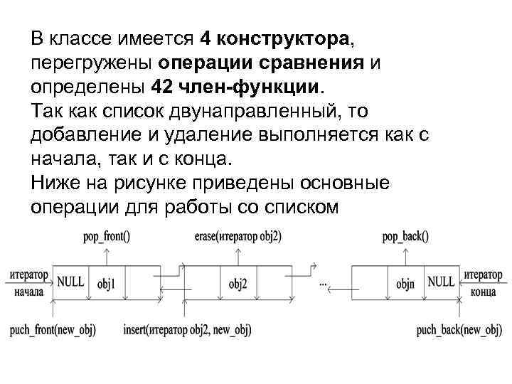 В классе имеется 4 конструктора, перегружены операции сравнения и определены 42 член-функции. Так как