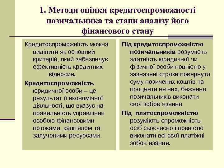 1. Методи оцінки кредитоспроможності позичальника та етапи аналізу його фінансового стану Кредитоспроможність можна виділити