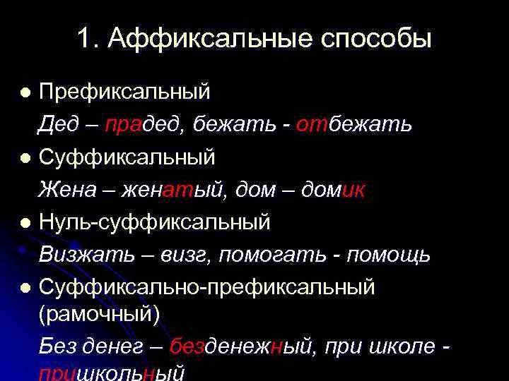 1. Аффиксальные способы Префиксальный Дед – прадед, бежать - отбежать l Суффиксальный Жена –