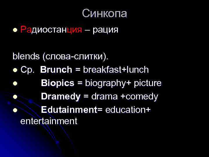 Синкопа l Радиостанция – рация blends (слова-слитки). l Ср. Brunch = breakfast+lunch l Biopics
