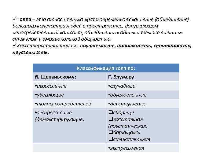 üТолпа – это относительно кратковременное скопление (объединение) большого количества людей в пространстве, допускающем непосредственный