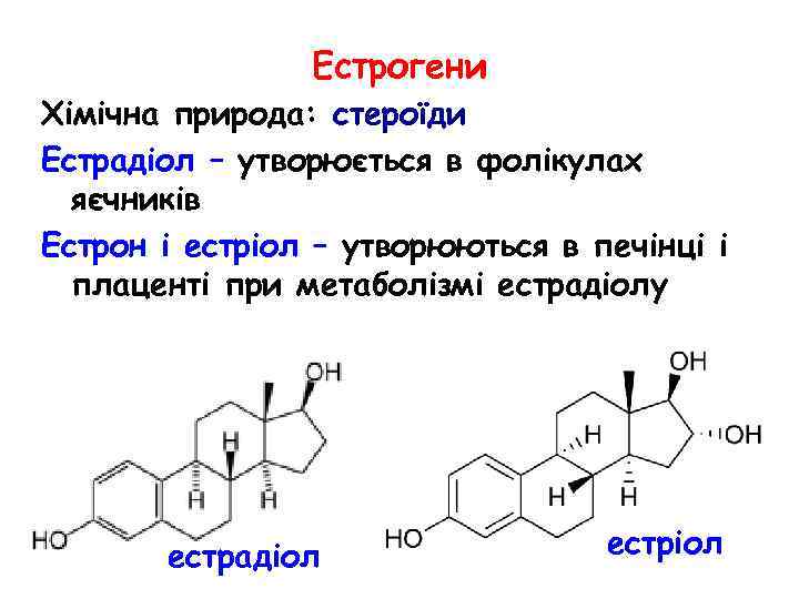 Естрогени Хімічна природа: стероїди Естрадіол – утворюється в фолікулах яєчників Естрон і естріол –