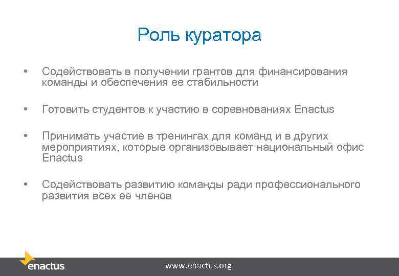 Роль куратора • Содействовать в получении грантов для финансирования команды и обеспечения ее стабильности