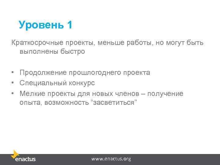 Уровень 1 Краткосрочные проекты, меньше работы, но могут быть выполнены быстро • Продолжение прошлогоднего