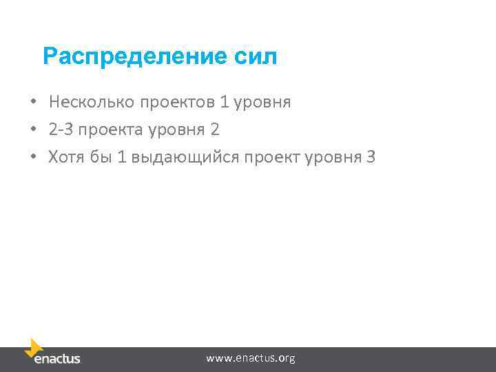 Распределение сил • Несколько проектов 1 уровня • 2 -3 проекта уровня 2 •