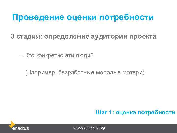 Проведение оценки потребности 3 стадия: определение аудитории проекта – Кто конкретно эти люди? (Например,