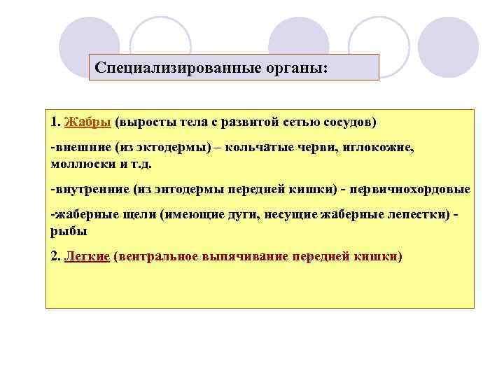 Специализированные органы: 1. Жабры (выросты тела с развитой сетью сосудов) -внешние (из эктодермы) –