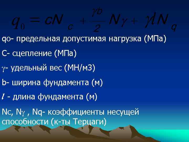 qo- предельная допустимая нагрузка (МПа) C- сцепление (МПа) - удельный вес (МН/м 3) b-