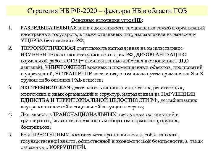 Стратегия НБ РФ-2020 – факторы НБ в области ГОБ 1. 2. 3. 4. 5.