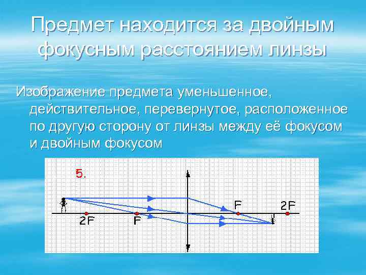 Предмет находится за двойным фокусным расстоянием линзы Изображение предмета уменьшенное, действительное, перевернутое, расположенное по