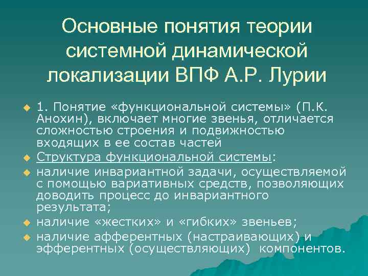Основные понятия теории системной динамической локализации ВПФ А. Р. Лурии u u u 1.