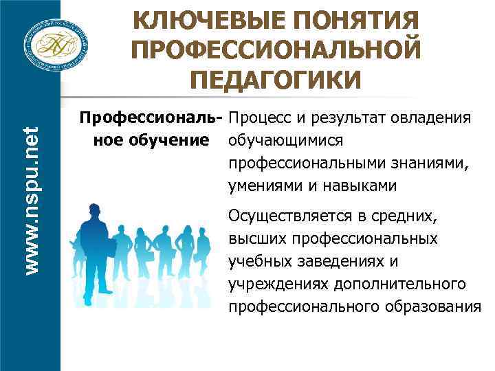 www. nspu. net КЛЮЧЕВЫЕ ПОНЯТИЯ ПРОФЕССИОНАЛЬНОЙ ПЕДАГОГИКИ Профессиональ- Процесс и результат овладения ное обучение