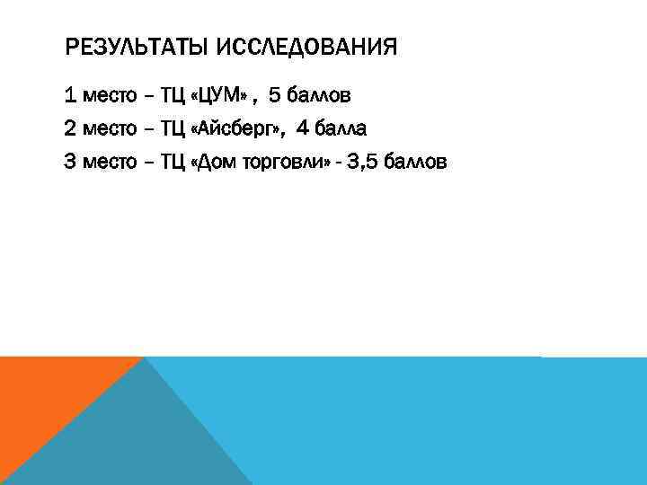 РЕЗУЛЬТАТЫ ИССЛЕДОВАНИЯ 1 место – ТЦ «ЦУМ» , 5 баллов 2 место – ТЦ