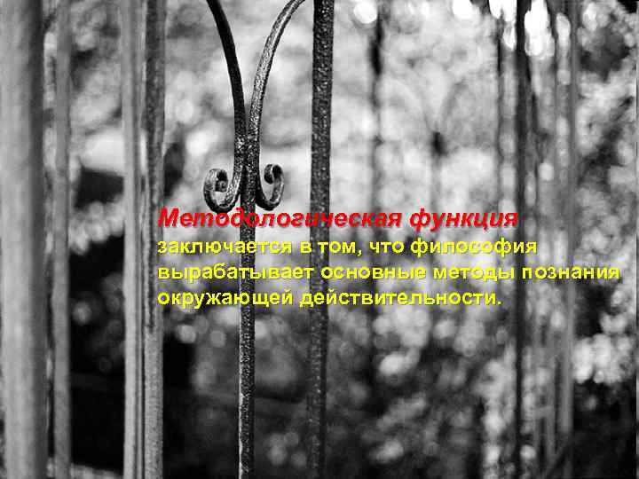 Методологическая функция заключается в том, что философия вырабатывает основные методы познания окружающей действительности. 