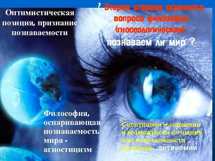 Оптимистическая позиция, признание познаваемости ? Вторая сторона основного вопроса философии (гносеологическая): Философия, оспаривающая познаваемость