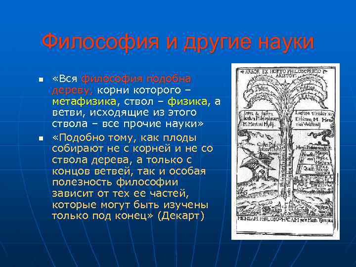 Философия и другие науки n n «Вся философия подобна дереву, корни которого – метафизика,
