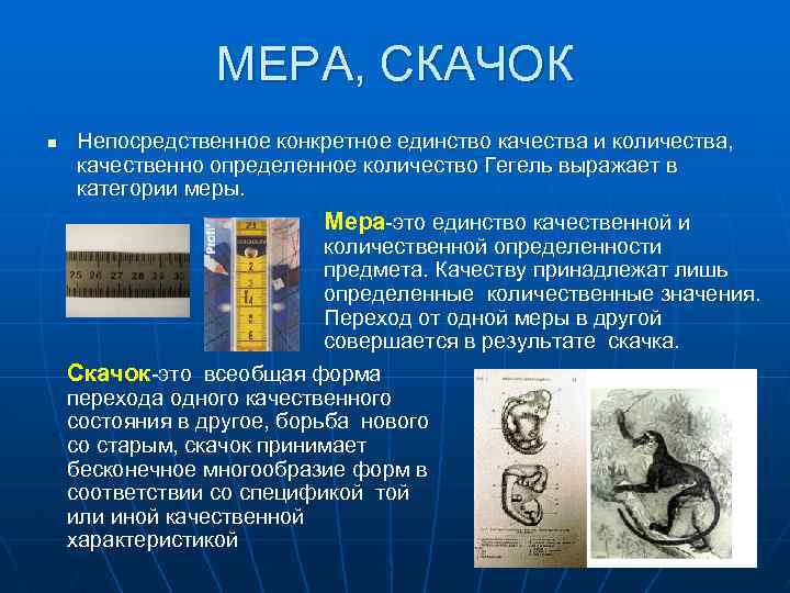 МЕРА, СКАЧОК n Непосредственное конкретное единство качества и количества, качественно определенное количество Гегель выражает